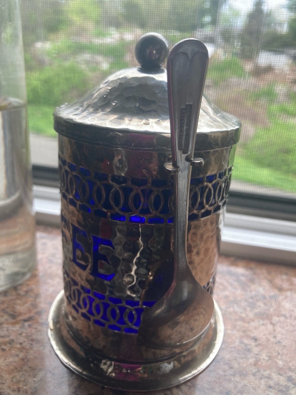 Hammered Silver Coffee Canister with Cobalt Blue Insets - Picture 8 of 12